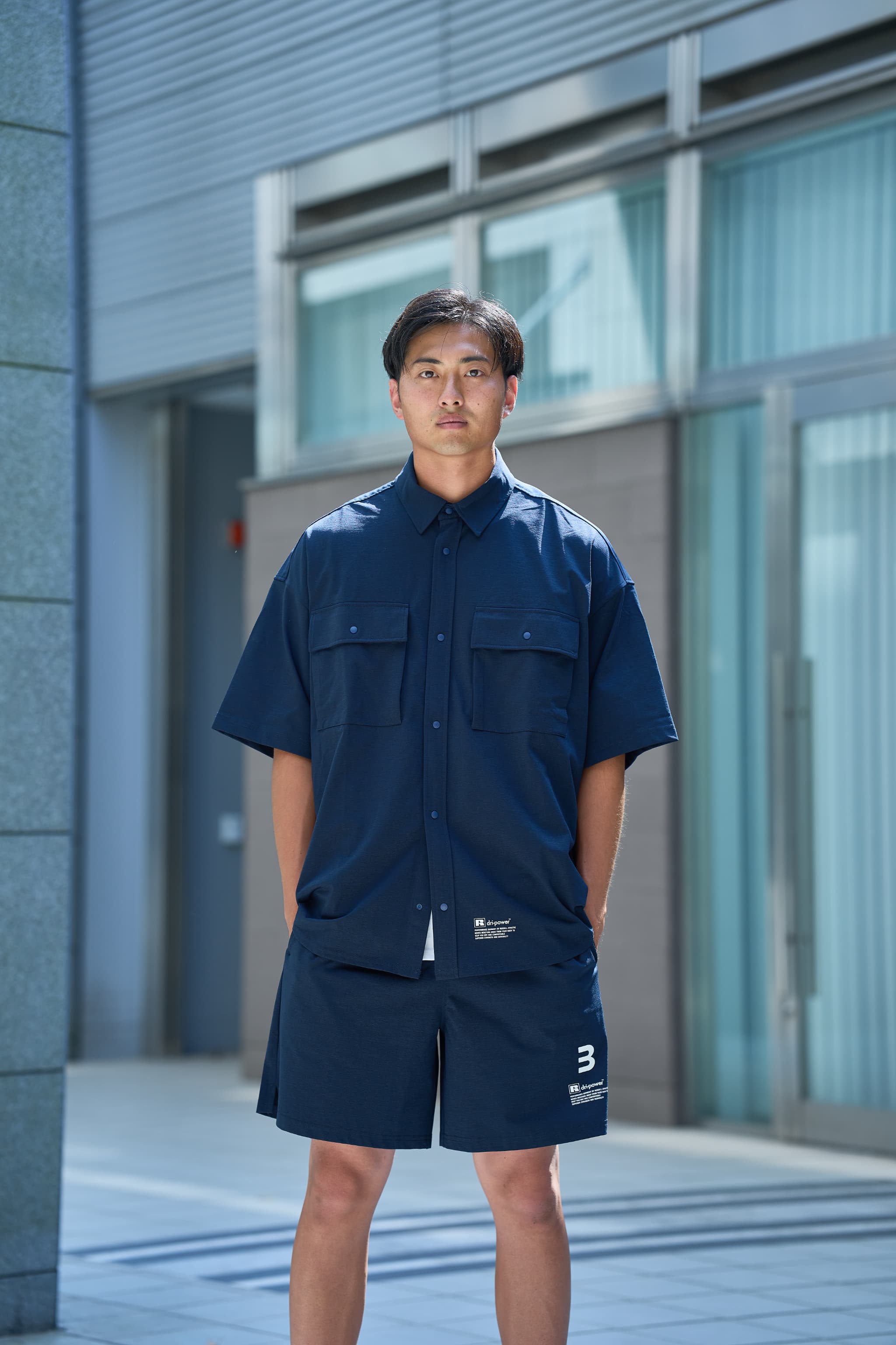 BEN GENERAL Russell Athletic ドライパワーストレッチボタンアップショートスリーブイージーシャツ ネイビー