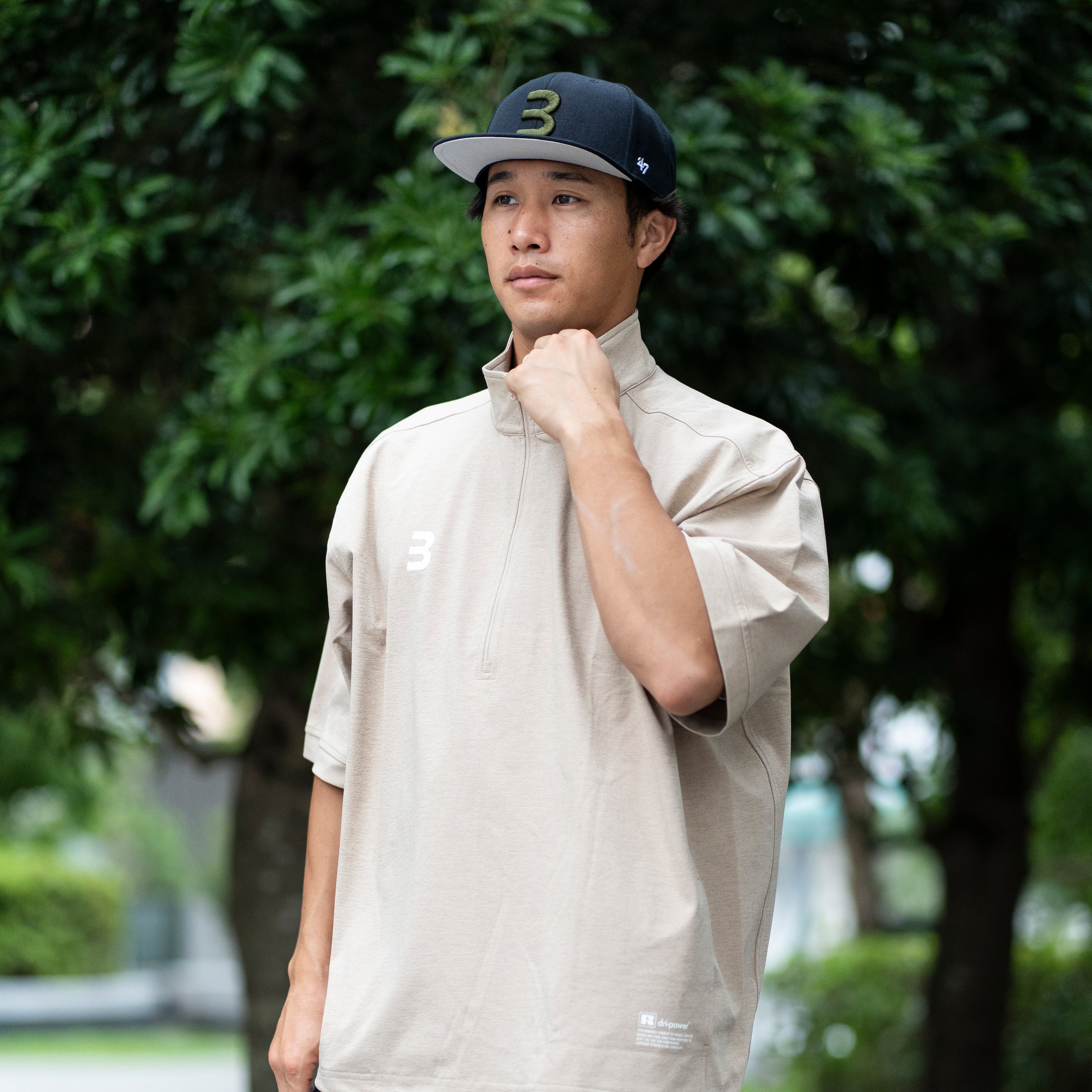 BEN GENERAL Russell Athletic ドライパワーストレッチハーフジップショートスリーブイージーシャツ サンド