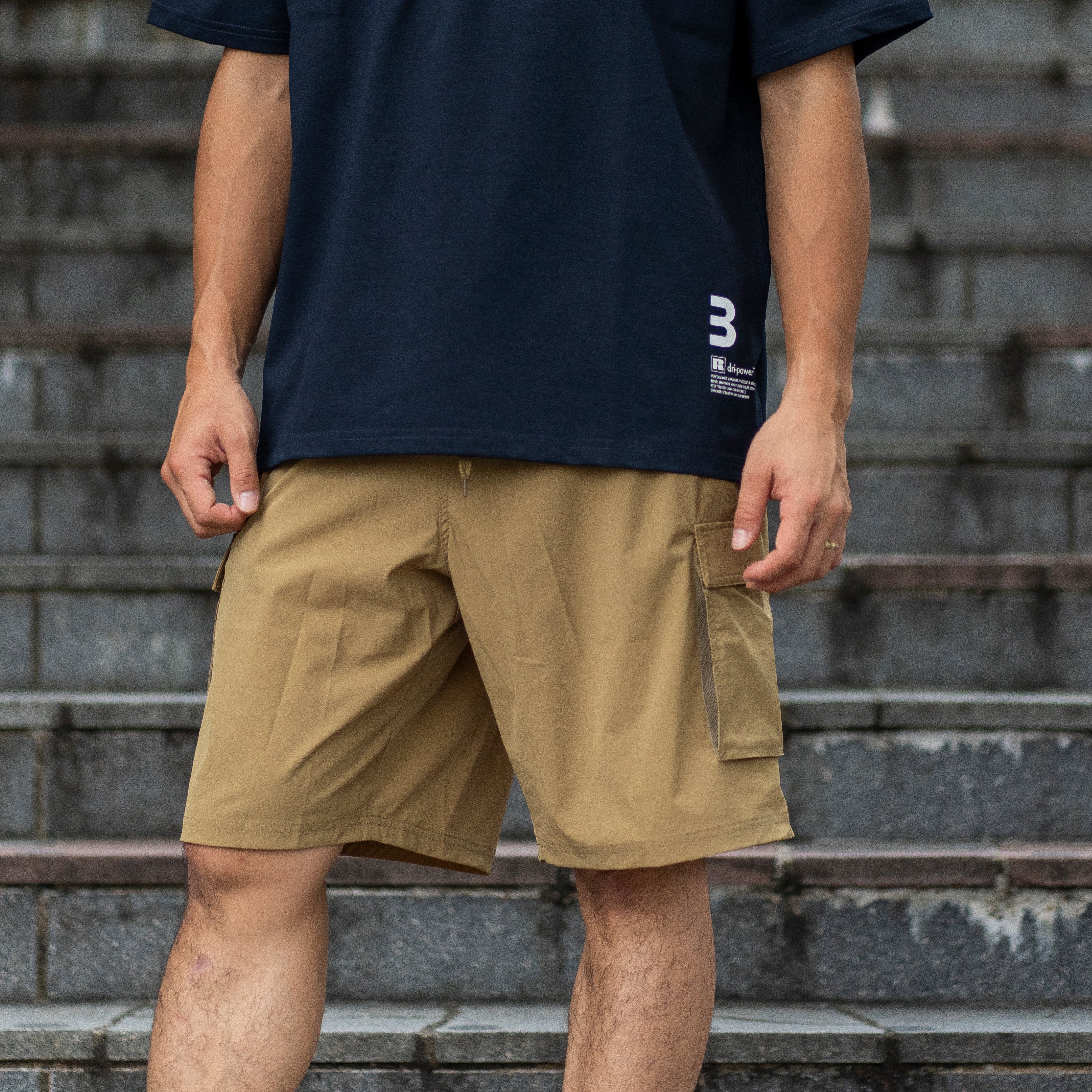 BEN GENERAL Russell Athletic ストレッチナイロンビーチショーツ カーキ