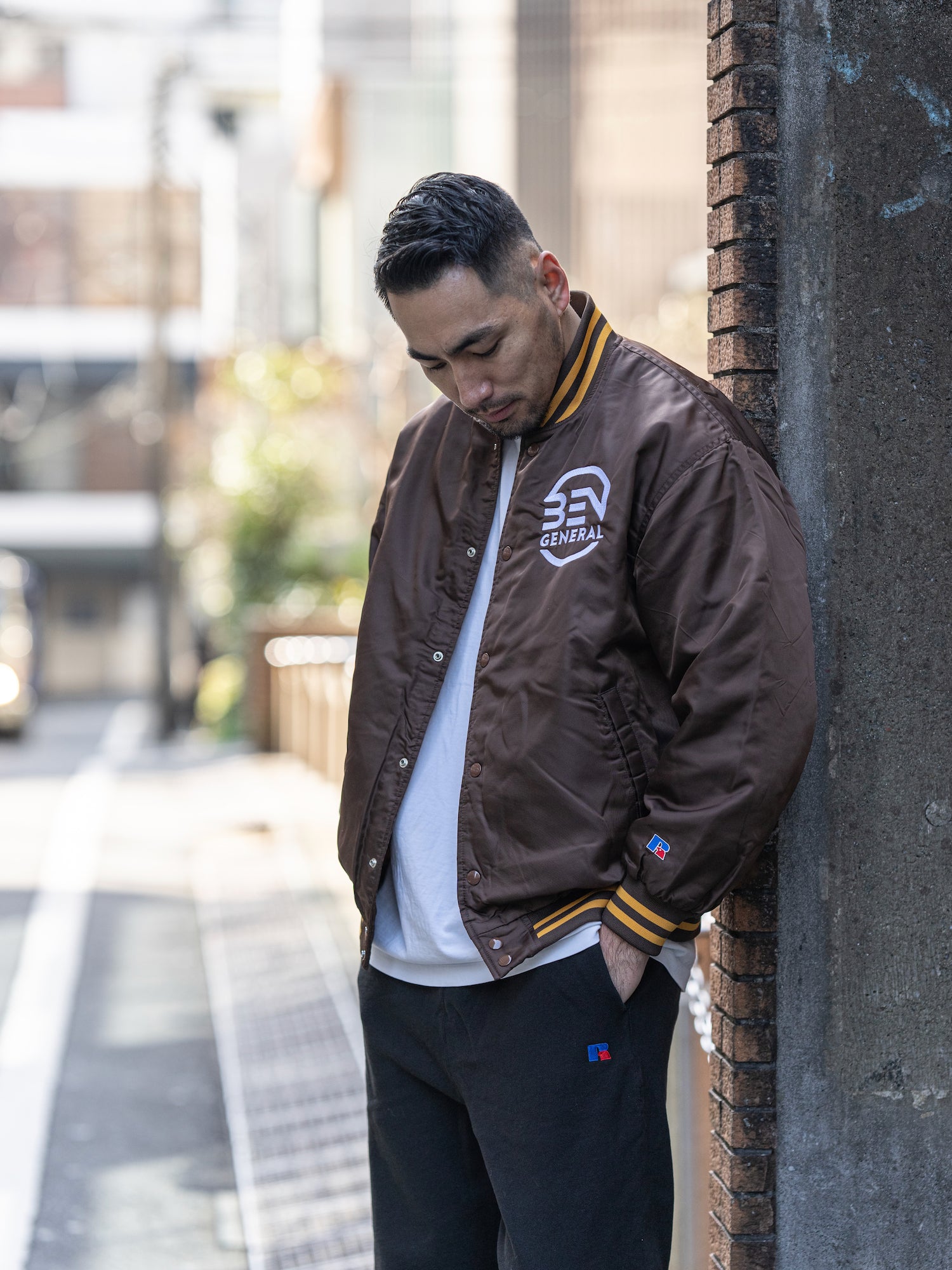 BEN GENERAL Russell Athletic ナイロンバーシティベースボールジャケット ブラック